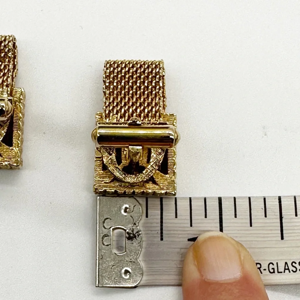 Vintage Swank Gold Tone Mesh Tiger’s Eye Square Cufflinks & Tie Tack Set IOB